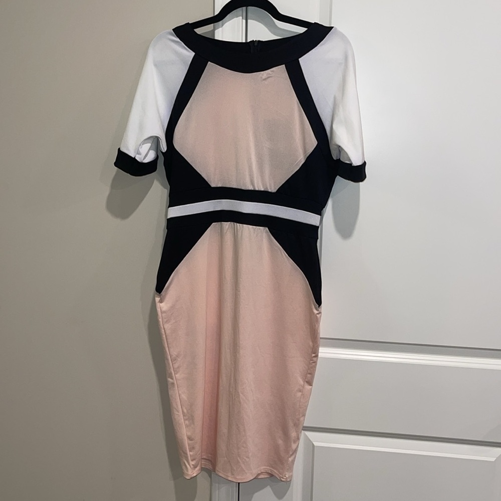 Nude/Blk/Wht Color Block Sheath Dress, US 10 - Picture 2 of 3